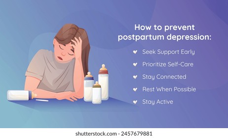 How to prevent postpartum depression, vector cartoon horizontal information banner. Infographic design for young mothers, tired women.