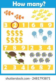 How many?Sealife. Printable worksheet. Educational game for children, kids preschool age. Mathematics task. Learning mathematics, numbers.Tasks for addition.Preschool Counting Activities.