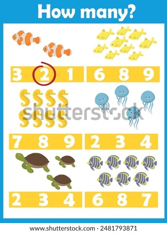 How many?Sealife. Printable worksheet. Educational game for children, kids preschool age. Mathematics task. Learning mathematics, numbers.Tasks for addition.Preschool Counting Activities.