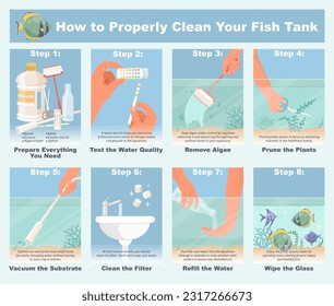 How properly clean fish tank step-by-step infographic. Aquarium cleaning care scheme vector illustration with detailed description