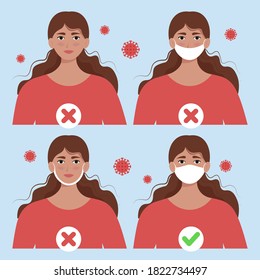 How to properly and correctly wear a mask instructions. Coronavirus COVID-19 protection concept. Female in mask. Vector illustration in flat style