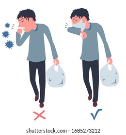 How to properly cover your mouth with your elbow while coughing. Pandemic. Coronavirus (covid-19). Vector illustration.