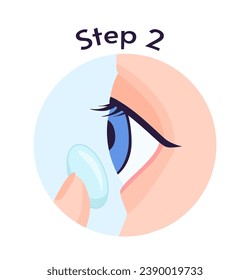 How to properly insert lens infographic. Cleanliness and hygiene. Ophtalmology and optometry. Second step of educational material. Cartoon flat vector illustration isolated on white background