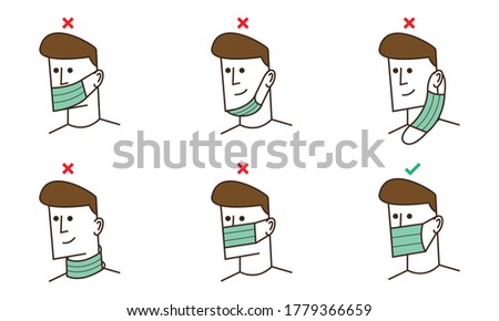How to properly wear a face mask. vector illustration of a guy wearing a face mask in a wrong and correct manner.