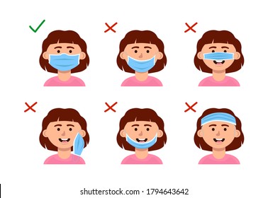 How to properly wear a mask on the face of children. Protection from coronavirus infection. Vector flat cartoon instructions.