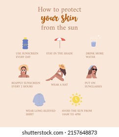 How To Protect Your Skin From The Sun Tips. Sun Protection Infographic. Vector