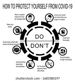 How to protect yourself from covid-19 poster or banner. Can be used for web or any purposes. Black and white colours. Vector EPS10
