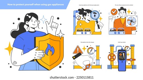 How to protect yourself when using gas appliances set. Natural gas leakage or pipeline defect detection. Maintaining of gas equipment. Eco-friendly energy. Flat vector illustration