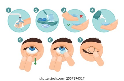 How to put in contact lenses step scheme with arrow poster vector flat illustration. Instruction to use vision medical correction healthcare ophthalmology eyesight optometry solution infographic chart