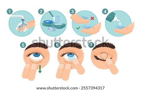 How to put in contact lenses step scheme with arrow poster vector flat illustration. Instruction to use vision medical correction healthcare ophthalmology eyesight optometry solution infographic chart