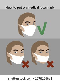 How to put on medical face mask. Prevention of Coronavirus. Vector