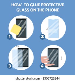 How to put a screen glass protector on the smartphone instruction. Device touchscreen safety. Manual for cellphone user. Isolated vector illustration in cartoon style