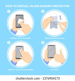 How to put a screen glass protector on the smartphone instruction. Device touchscreen safety. Manual for cellphone user. Isolated vector illustration in cartoon style