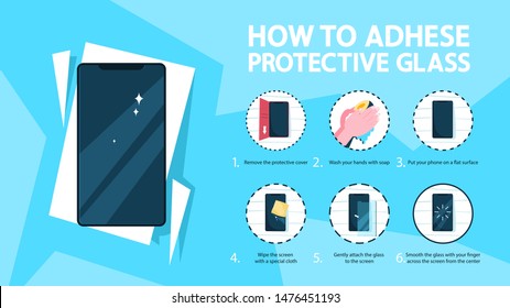 How to put a screen glass protector on the smartphone instruction. Device touchscreen safety. Manual for cellphone user. Isolated vector illustration in cartoon style