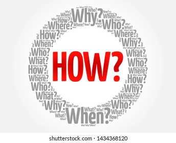 HOW Question word and questions whose answers are considered basic in information gathering or problem solving, word cloud background