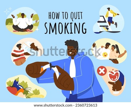 How to quit smoking concept. Infographics and educational materials. Man with friends, sports and healthy eating. Fight agains bad habit. Cartoon flat vector illustration isolated on blue background