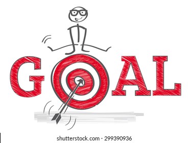 How to reach goals - illustration - Man in glasses jumping over target with arrow in bullseye, text GOAL