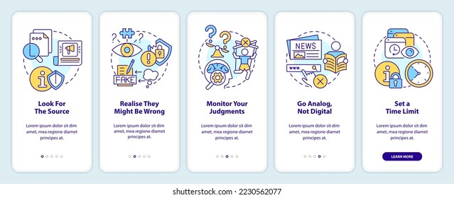 How to read bad news onboarding mobile app screen. Media overload walkthrough 5 steps editable graphic instructions with linear concepts. UI, UX, GUI template. Myriad Pro-Bold, Regular fonts used