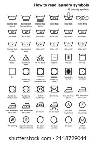 How to read laundry symbols. Machine and hand wash advice symbols, fabric cotton cloth type for garment labels. Vector 
