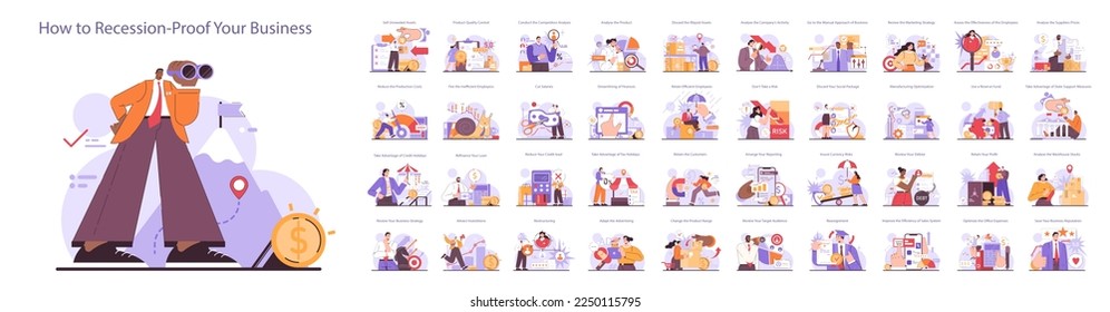 How to recession-proof your business set. Effective tips for entrepreneur in conditions of economic stagnation. Economic activity decline, business-saving actions. Flat vector illustration