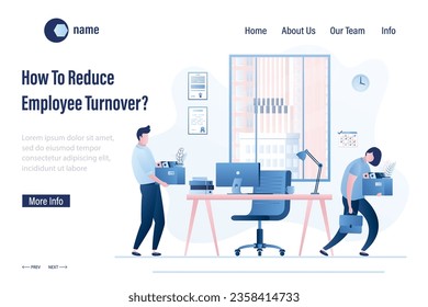 How To Reduce Employee Turnover? Landing page template. Staff replacement. Modern workplace in office. Dismissal and employment process in company. Male and female office workers. Vector illustration