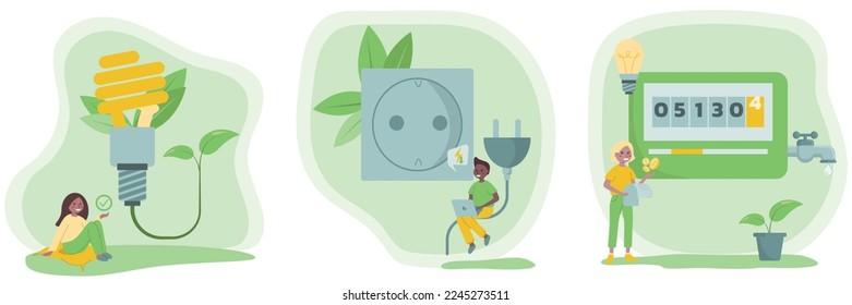How to reduce energy consumption set. Vector illustration. Flat style