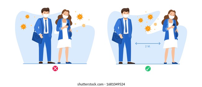 How to reduce the spread of the virus Covid 19 Man and woman stand close to each other showing the wrong symbols. Man and woman stand at a distance of two meters showing the correct symbol.