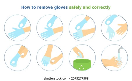 How to remove gloves safely and correctly. 8 icons set of removing disposable gloves step by step. Health safety infographic. Colorful instruction for health posters and banners.