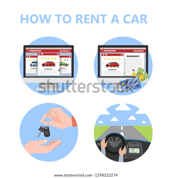 How to rent a car instruction for drivers.\
Automobile rental service. Idea of travel and transportation.\
Isolated flat vector\
illustration