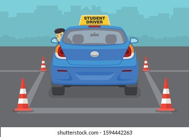 How To Reverse Park. Back Into A Parking Lot. Driving A Car Lesson. Flat Vector Illustration.