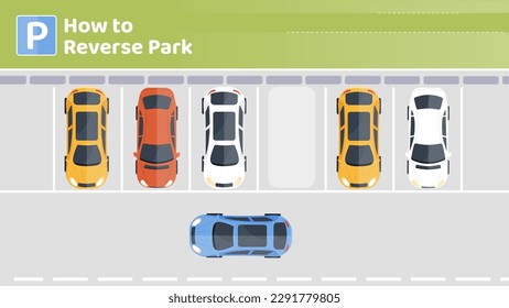 How to reverse park stage. Top view of cars in parking lot. Driving instruction, materials for drivers. Safe driving in city. Template, layout and mock up. Cartoon flat vector illustration