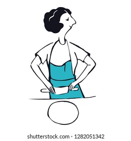 How to roll dough with a rolling pin A woman wearing a blue apron Isolated object Vector illustration set
