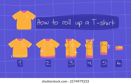 How to roll up a T-shirt. How to roll up a t-shirt. Space-saving concept for packing a suitcase