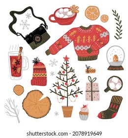 How to save alive in winter. Doodle collection of winter symbols and things, Chrismas decorations, cozy and bright.