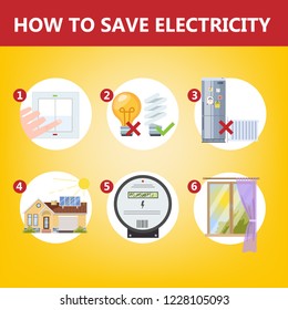 How to save electricity instruction concept. Energy economy and ecology care. Turn off lights and use solar panel. Vector illustration in cartoon style