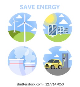 How to save global electricity instruction concept. Energy economy and ecology care. Use solar panel. Vector illustration in cartoon style