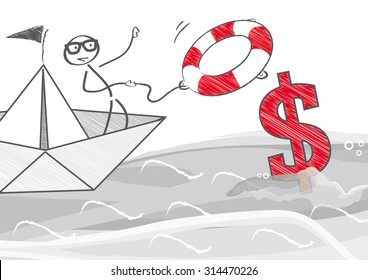 How To Save Money - stick figure man in paper boat throws life ring to save sinking dollar sign - vector illustration