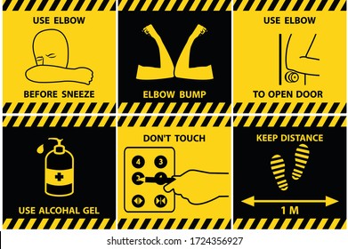 How to save yourself from covid19 situation icon and sign. 6 square format, yellow and black warning labels. Please use elbow before sneeze.