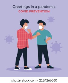 How to say hello during a pandemic. Prevention of Covid. The men bang their elbows as a greeting. Vector image.