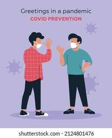 How to say hello during a pandemic. Prevention of Covid. The Men wave their hands in greeting. Vector image.