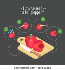 How to seed a bell pepper.  Vector illustration of step-by-step instruction. Isometric vegetable on the black background. Two peppers of different colors are on the cutting board. 