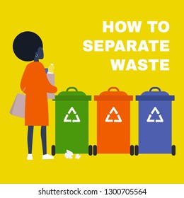 How to separate waste. Eco friendly behaviour. Conceptual illustration. Young black female character standing in front of the garbage containers / flat editable vector illustration, clip art