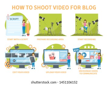 How to shoot video for your blog instruction. Record video on the camera in studio, content promotion. Digital production process. Isolated vector illustration in cartoon style