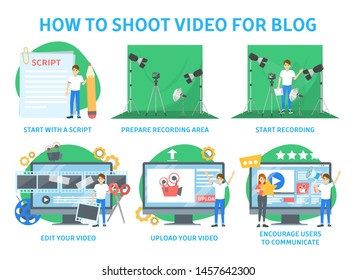 How to shoot video for your blog instruction. Record video on the camera in studio, content promotion. Digital production process. Isolated vector illustration in cartoon style