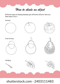 How to sketch. Pencil shading with different techniques. Hatching, Cross hatching and smudging. Set of various shapes and hand drawn texture.