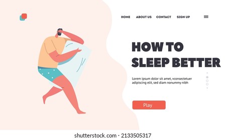 So schlafen Sie bessere Landing Page Vorlage. Männliche Charaktere tragen Pajama Sleep oder Nap bei Nacht. Müdiges Schlafmittel auf der Seite mit Kissen zwischen Beinen und Hand unter Kopf. Cartoon-Vektorgrafik