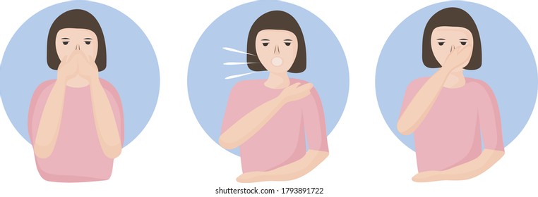 How to sneeze or cough properly, to prevent the spread of viruses. you have to close your mouth with hand. people with a cold and a disease sneeze. Preventive measures against coronavirus infection