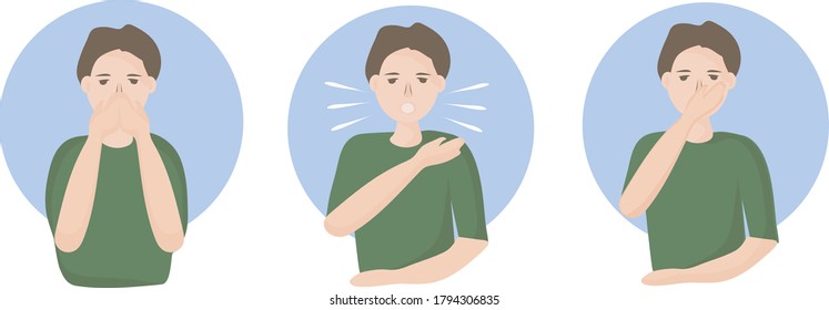 How to sneeze or cough properly, to prevent the spread of viruses. you have to close your mouth with hand. people with a cold and a disease sneeze. Preventive measures against coronavirus infection
