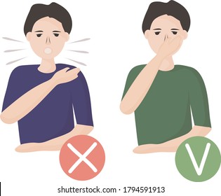 How to sneeze or cough properly, to prevent the spread of viruses. you have to close your mouth with hand. people with a cold and a disease sneeze. Preventive measures against coronavirus infection