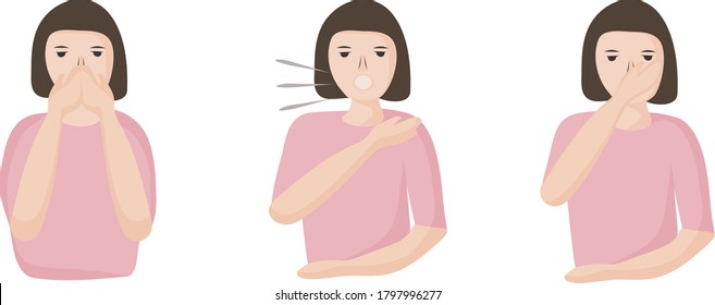 How to sneeze or cough properly, to prevent the spread of viruses. you have to close your mouth with hand. people with a cold and a disease sneeze. Preventive measures against coronavirus infection.